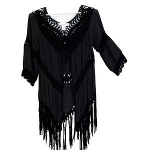 Urban Mangoz Cardigan Top Sz Large Black Crochet Fringe Hem 3/4 Sleeve Festival